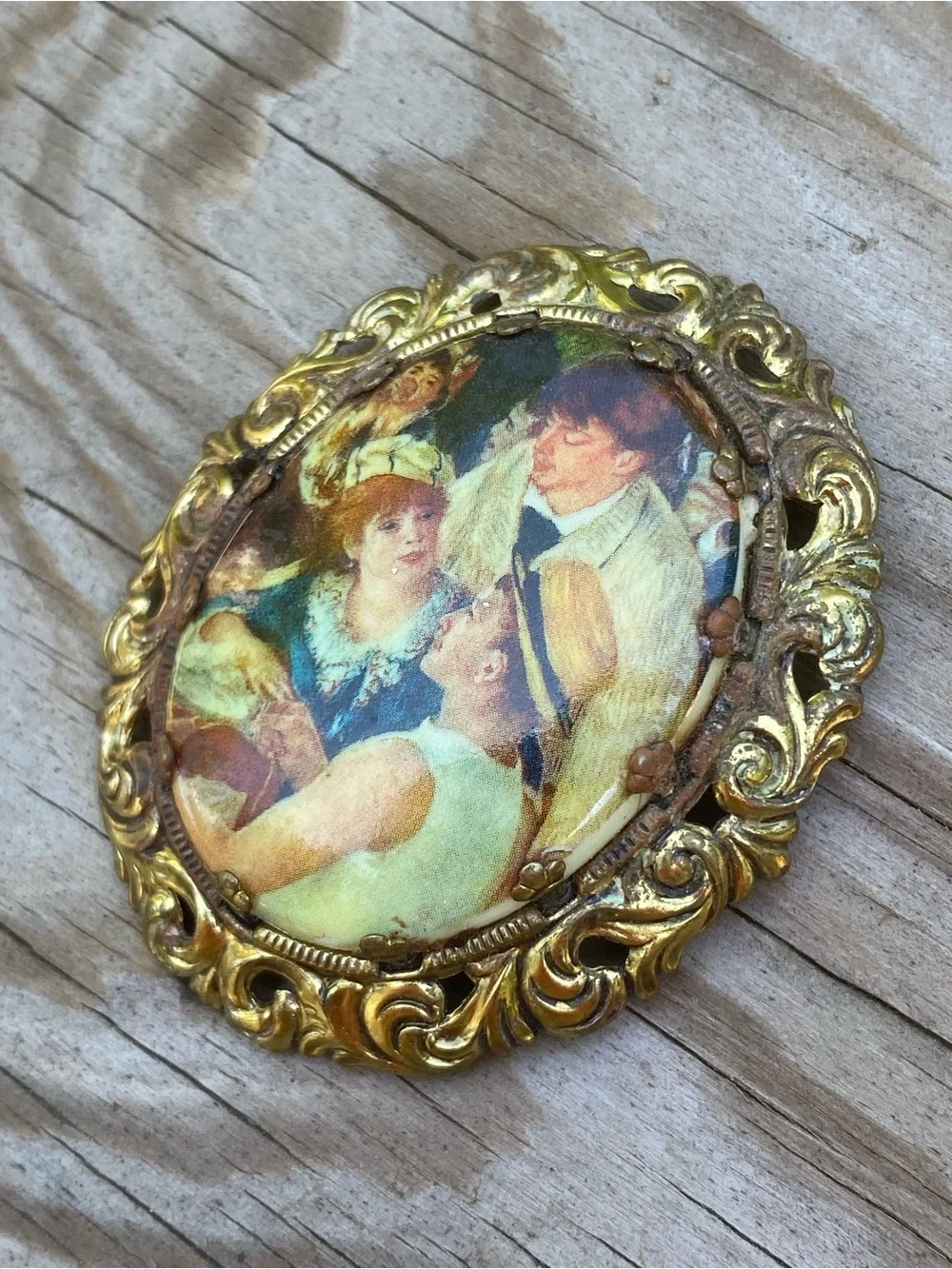 W. Germany Antique Courting Couple Portrait Brooch in Gold Frame